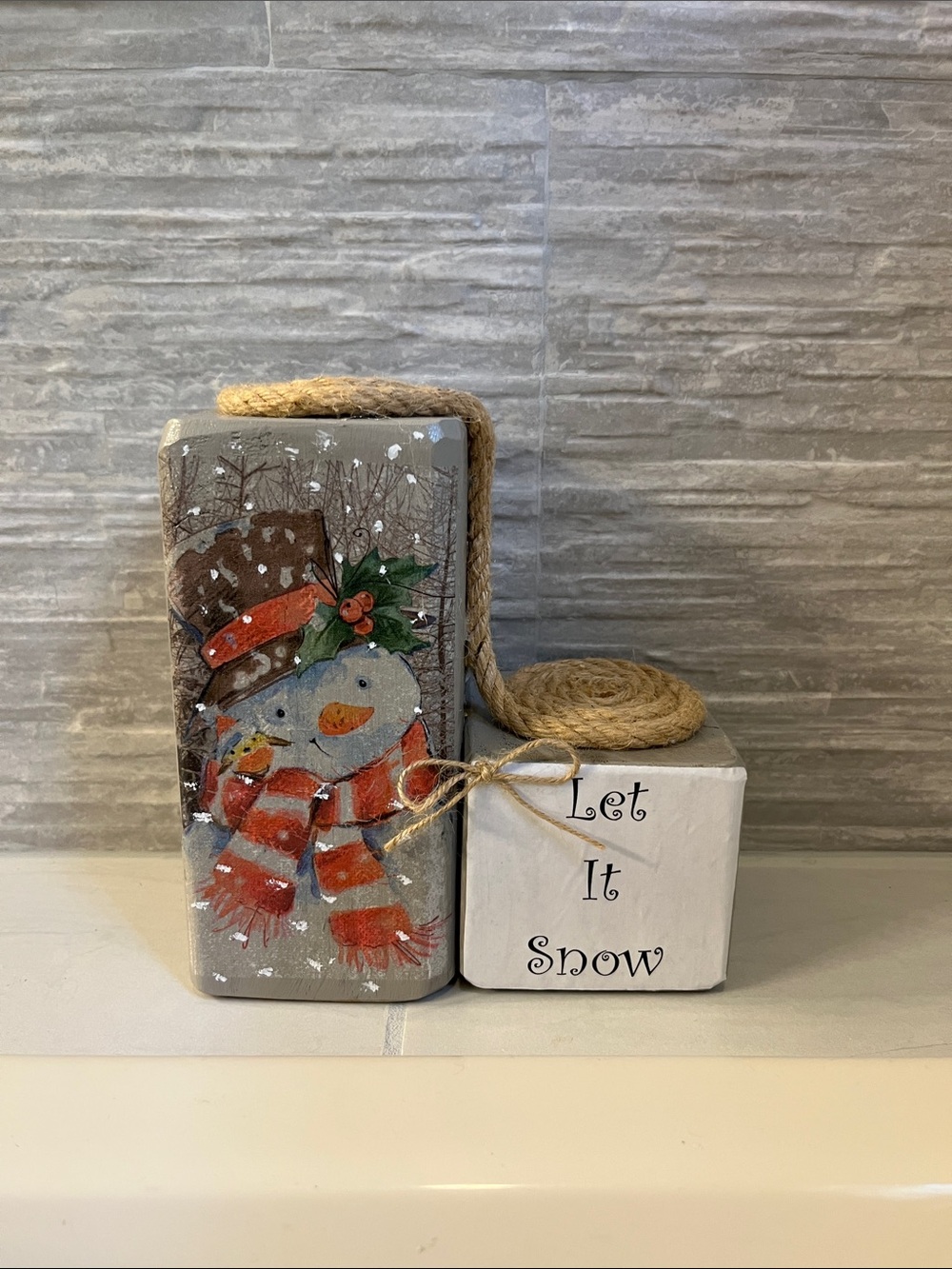 Let It Snow Wooden Block Holiday Decor - White and Red Snowman